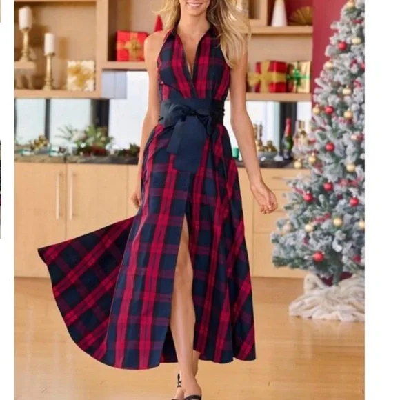 Boston Proper Plaid Shirt Dress size 6 Brand New Multi Red & Navy Brocade Sash - Picture 2 of 4